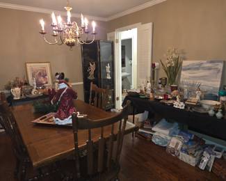 Dining table, 2 leaves, 6 chairs