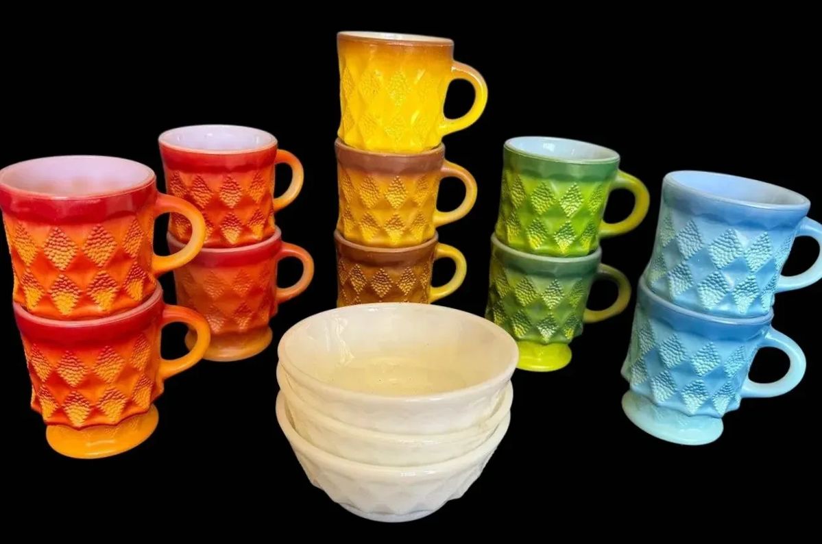 Colorful FireKing Kimberly Diamond Mugs Milk Glass Bowls