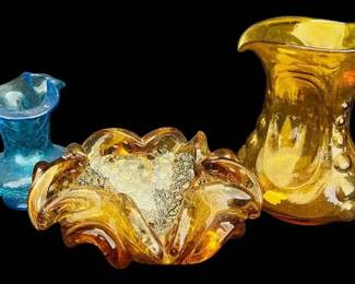 Kanawha Amber Glass Pitcher, Blue Crackle Pitcher, Blown Glass Ashtray