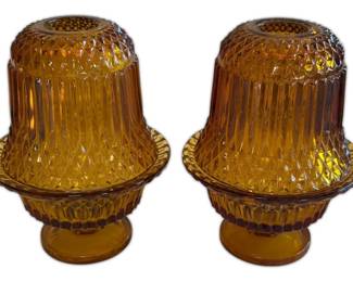 Two Indiana Glass Amber Diamond Point Fairy Lamps, Flared Base
