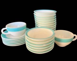 Corning Milk Glass W Blue Stripe Bowls, Saucers, More