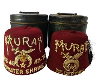 Two Vintage Masonic Shriners Jeweled Fez Hats Boxes