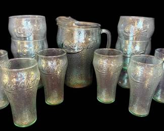Vintage CocaCola Pitcher Glass Set Pebbled Green
