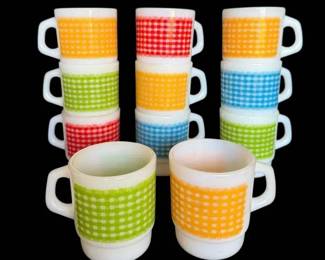 FireKing Gingham Plaid Milk Glass Stacking Mugs