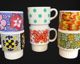 6 Vintage Stackable Mugs With Groovy Patterns