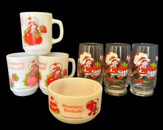 Vintage Strawberry Shortcake Milk Glass Mugs, Bowl, Drinking Glasses