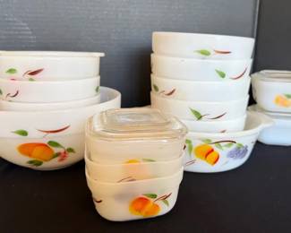 FireKing Gay Fad Fruit Design Milk Glass Bowls, Refrigerator Dishes
