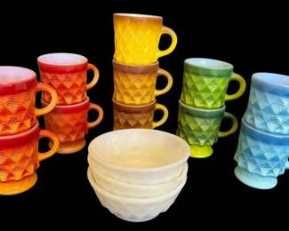 Colorful FireKing Kimberly Diamond Mugs Milk Glass Bowls