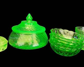 Uranium Glass Spiral Lidded Dish, Flower Frog, Sherbet Glass, Bowls