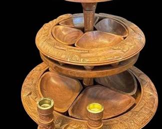 Vintage WoodCarved Lazy Susan Serving Tray W Candle Holders