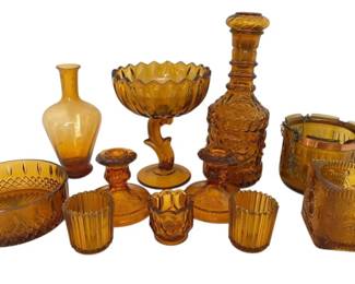 Vintage Amber Glass Decanter, Footed Bowl, Toothpick Holders, More