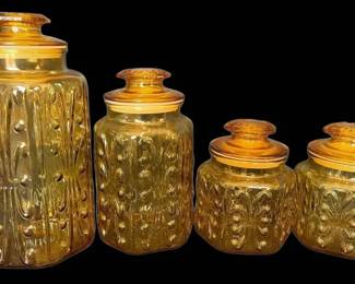 L.E. Smith Amber Imperial Atterburg Scroll Glass Canister Set