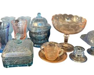 Vintage Blue Pink Depression Frosted Glassware