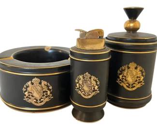 Koscherak Brothers Black Gold Pottery Ashtray, Lighter, Humidor