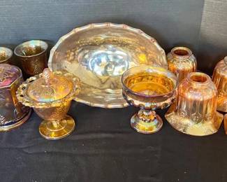 Vintage Indiana Marigold Carnival Glass Goblets, Fruit Bowl, More