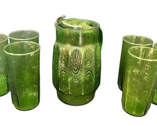 Anchor Hocking Sycamore Leaf Green Glass Pitcher Tumblers
