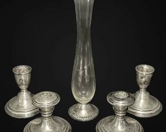 Weighted Sterling Silver Candleholders Etched Floral Vase