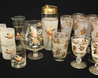 MidCentury Pheasant Frosted Pebble Barware Libbey Golden Foliage Drinking Glasses