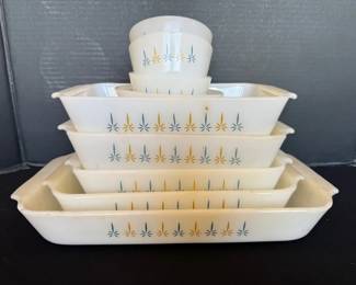 FireKing Candle Glow Gold Blue Atomic Casserole Dishes More