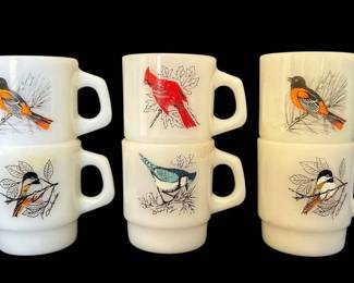Birds of America Stackable Milk Glass Mugs by Anchor Hocking