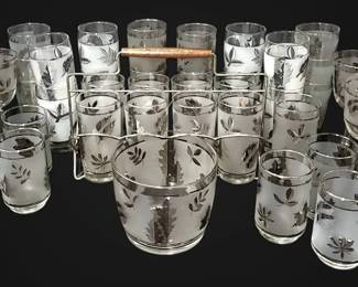Libbey Silver Foliage Frosted Drinking Glasses, Carrier, Ice Bucket