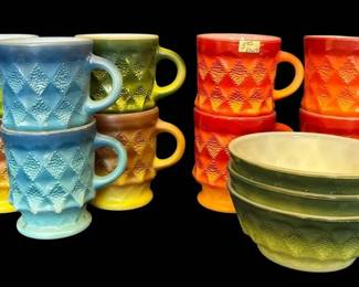 10 FireKing Kimberly Diamond Milk Glass Mugs Green Bowls