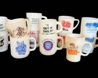 Vintage Advertising Milk Glass Mugs