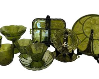 Green Glass Serving Dishes, Egg Tray, Fruit Tray, Fruit Bowl, More