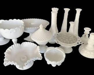 Milk Glass Bud Vases, Candleholders, Flower Frog, Candy Dishes, More