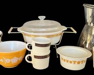 Pyrex Butterfly Gold Dishes, Ebony Fleurdelis Mugs Atomic Servingware