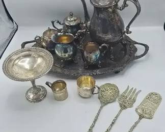 3 pcs Sterling, Silver Plate Teaset with Tray and More