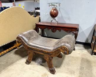Vintage Wood & Leather Bench Orlando Estate Auction