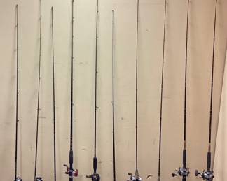 10 FISHING RODS & REELS, PENN, ABU GARCIA BAIT CASTER, OTHER OPEN FACE, NO SHIPPING PICKUP ONLY
