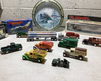 LIONEL, FAO SCHWARTZ, ANASTASIA TRAIN, DIE CASTS MINIATURE TRAIN SET, CARS, TRUCKS LOT AND LIONEL CLOCK