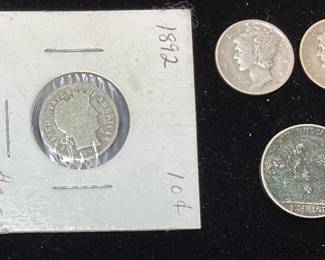 (4) 1892 BARBER DIME, 1943 & 1945 MERCURY DIMES, 1935 BUFFALO NICKEL