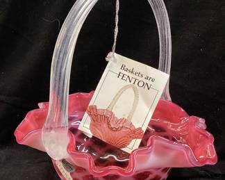 FENTON CRANBERRY OPALESCENT DIAMOND OPTIC BASKET, 9in
