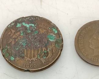 (4) 1853 LARGE CENT, 1865 2 CENT, 1882 & 1890 INDIAN HEAD PENNIES