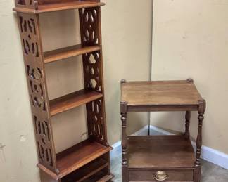 2 PC. ANTIQUE FURNITURE. END TABLE & SHELF EARLY TO MID 19TH CENTURY FURNITURE. NO SHIPPING, PICKUP ONLY