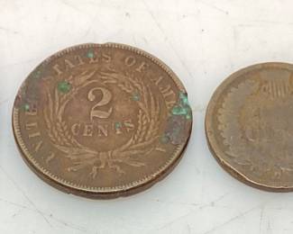 (4) 1853 LARGE CENT, 1865 2 CENT, 1882 & 1890 INDIAN HEAD PENNIES