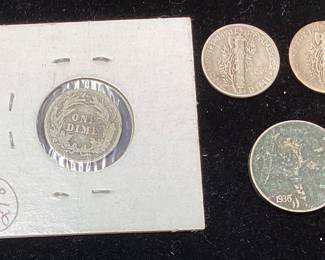 (4) 1892 BARBER DIME, 1943 & 1945 MERCURY DIMES, 1935 BUFFALO NICKEL