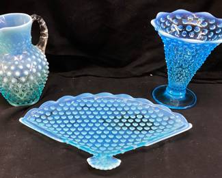 (3) FENTON BLUE OPALESCENT HOBNAIL ASHTRAY, PITCHER & VASE