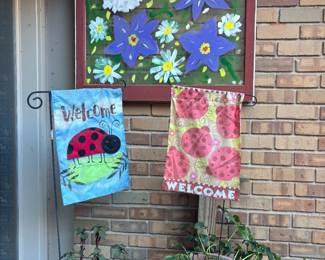 Outdoor decor, potted plants, flags