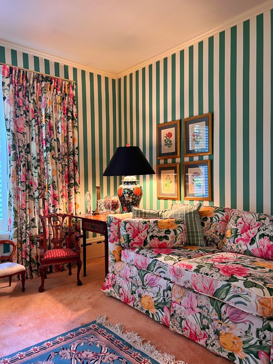 Custom draperies and upholstered furniture made with vintage designer fabrics!