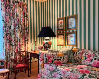 Custom draperies and upholstered furniture made with vintage designer fabrics!
