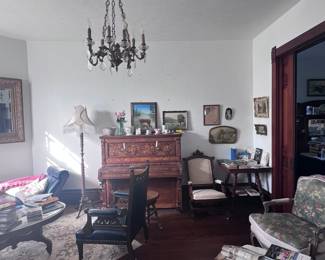 1800’s European Birdcage Piano must have professional mover, sculptured rug, blue Eastlake parlor set.
