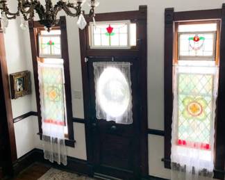 Many stained glass pieces from England and New Orleans, 1800’s European birdcage piano. Rugs, Eastlake and Early American late 1800’s Oak pieces, farmhouse decor, paintings, staged in a Historic 1903 Victorian Home
