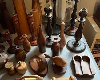 Large selection of vintage hand carved wood vases and other items of interest.