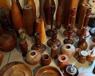 Large selection of vintage hand carved wood vases.