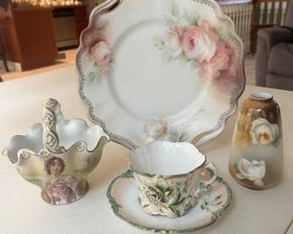 Extensive selection of antique hand-painted porcelain by R.S. Prussia and others.