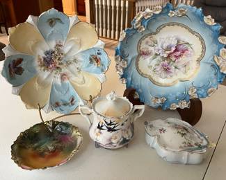 Extensive selection of antique hand-painted porcelain by R.S. Prussia and others.